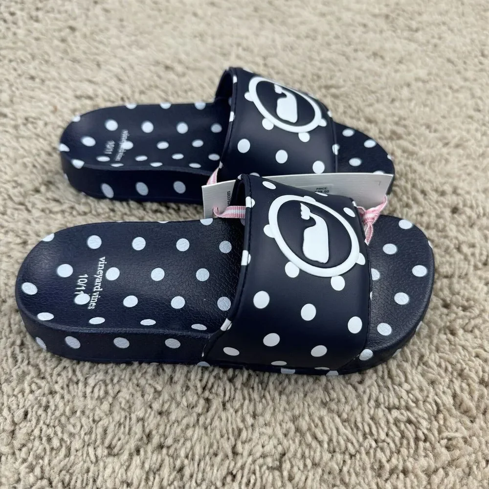 Vineyard Vines Slides Girls 10/11 Navy Polka Dot Whale Logo Poolside Sandal‎ NWT